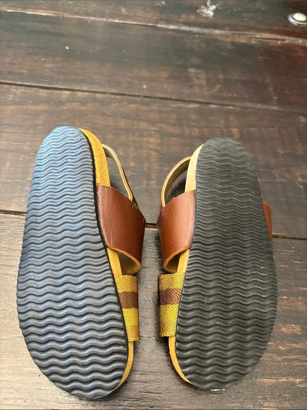 Bonpoint Brown Leather Sandals with Yellow Striped Band